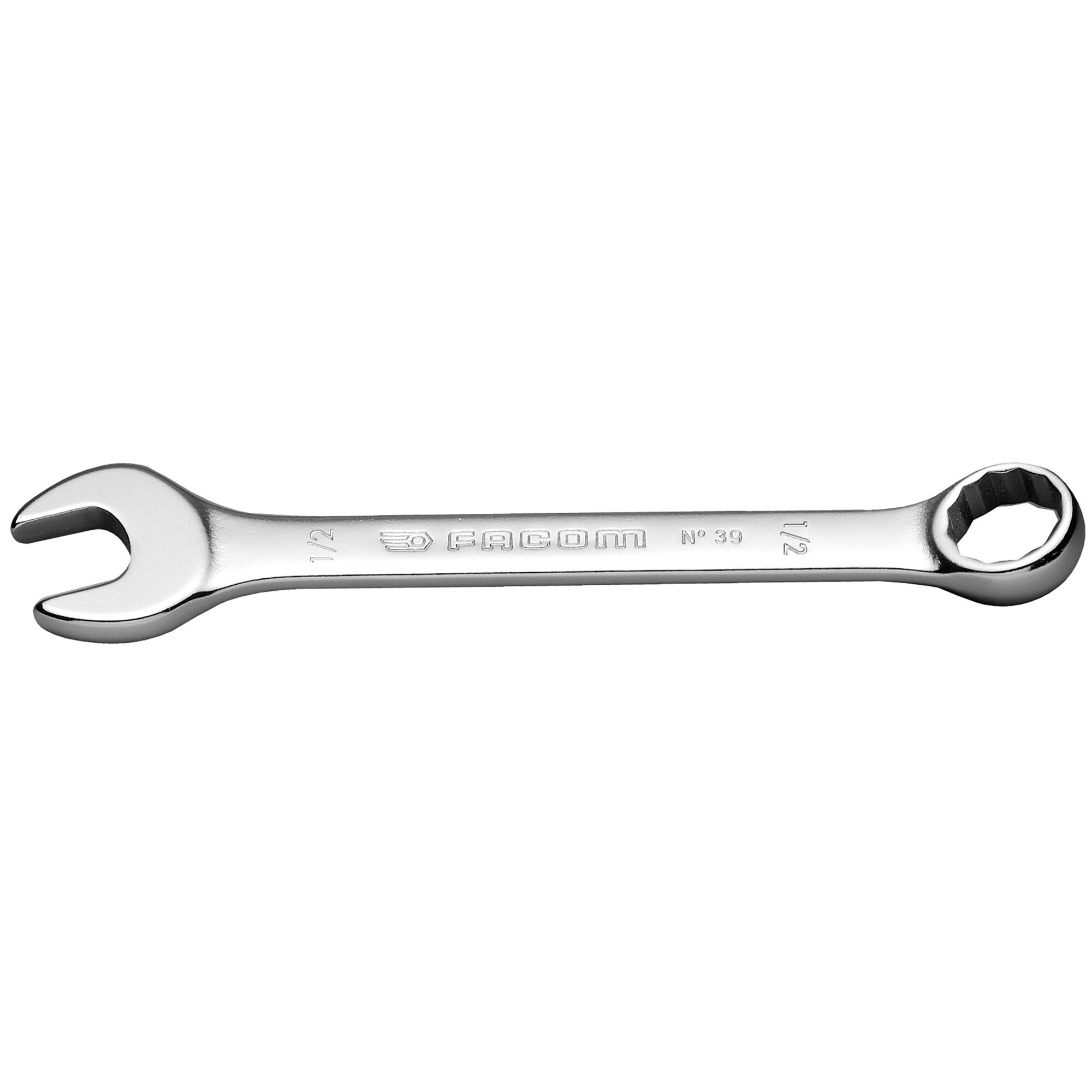 Facom 39_1_4 combination wrench, chrome finish, open and box ends, flat lay on white background.